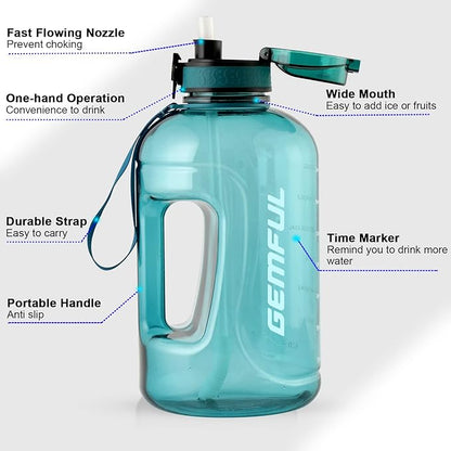 GEMFUL 3 Liter Water Bottle with Straw 101oz BPA-Free Leakproof Time Marker Handle for Gym Sports Large Motivational Jug for Men Women (Cyan with Removable Straw)