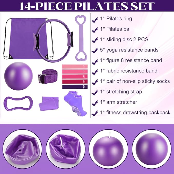 14 PCS Pilates Kit, Home Pilates Workout Kit for Women, Pilates Equipment with 14.9" Pilates Ring and Ball, Resistance Bands, Sliders & Grip Socks Accessories for Starter Home Workouts（Purple）