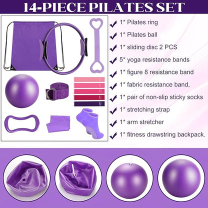 14 PCS Pilates Kit, Home Pilates Workout Kit for Women, Pilates Equipment with 14.9" Pilates Ring and Ball, Resistance Bands, Sliders & Grip Socks Accessories for Starter Home Workouts（Purple）