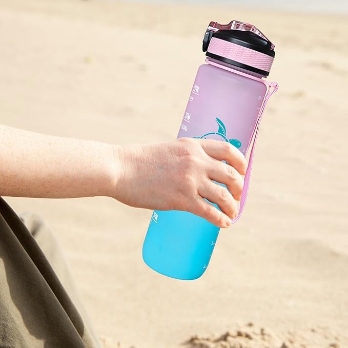 Sea Turtle Water Bottle with Straw, LeakProof, Carry Strap, BPA Free, 32 Oz Motivational Sport Water Bottle with Time Marker to Drink, Ideal for Gym Fitness Outdoor