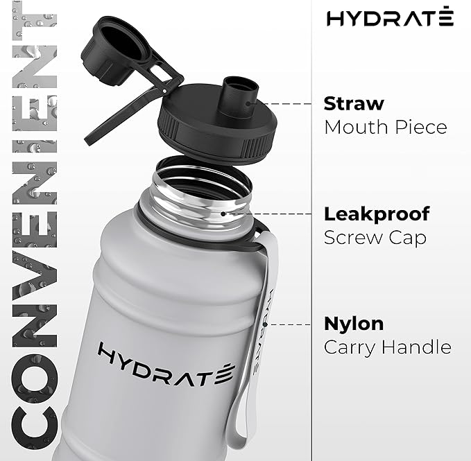 HYDRATE 43 Oz Stainless Steel Water Bottle - BPA Free Metal Water Bottle for Gym, Exercise - Water Jug with Convenient Nylon Carrying Strap and Leak-Proof Screw Cap Water Bottles for Men, Women, Adult