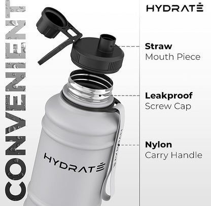 HYDRATE 43 Oz Stainless Steel Water Bottle - BPA Free Metal Water Bottle for Gym, Exercise - Water Jug with Convenient Nylon Carrying Strap and Leak-Proof Screw Cap Water Bottles for Men, Women, Adult