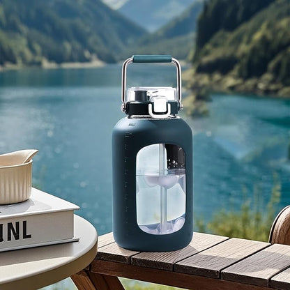 Large Glass Water Bottles with Stainless Steel Handle,100 oz Gallon Drinking Bottle with 2-in-1 Straw Lid,3 Liter Glass Water Jug with Silicone Sleeve,Wide Mouth,Dark Blue