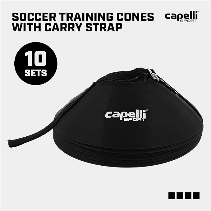 Capelli Sport Training Cones, Set of 10 Agility and Practice Drills Equipment with Carry Strap for Soccer, Football, Baseball, and Basketball, Black