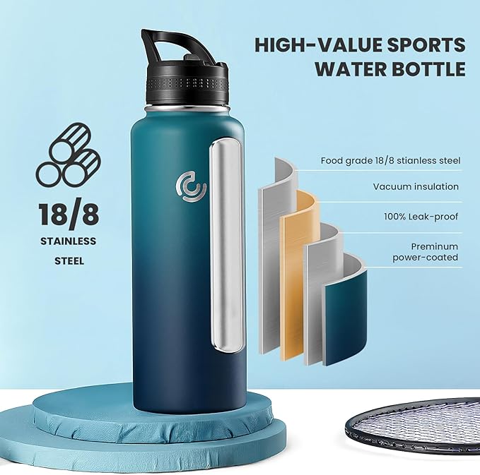 COKTIK 40oz Sports Water Bottle, Stainless Steel Water Bottle for Insulated, Reusable Travel Bottle, With Straw, With Handle Grip for Easy Carrying, Suitable for Cycling, Outdoor Vacations(Dark Night)