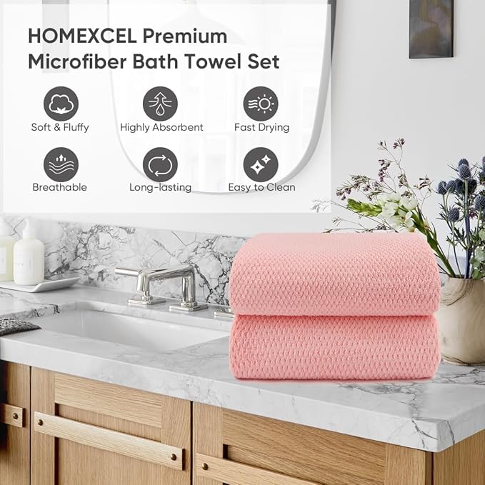2-Pack Microfiber Bath Towels (27x54 Inches) - Ultra Soft & Quick Dry, 3X Absorbency, Lightweight for Gym, Yoga, Travel & Spa - Perfect for Home, Fitness & Post-Workout, Pink