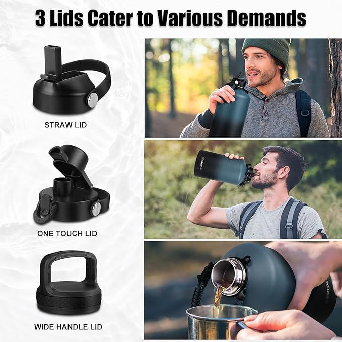 1 Gallon Insulated Water Bottle, Keeps Cold 24H & Hot 12H, Straw Lid & Paracord Handle, 128 oz Double Wall Leak-proof BPA Free, Powder Coated