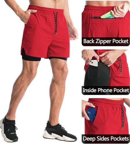 Aolesy Men's 2 in 1 Running Shorts 5" Workout Gym Athletic Shorts for Men Quick Dry Lightweight Training Shorts with Pockets