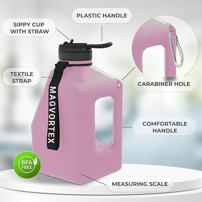 91oz Gym Daily Water Bottle Pink – Large BPA-Free PETG Jug with Magnetic Plate Phone Mount, Leakproof Flip-Top Lid, Wide Mouth for Ice, Straw, Carry Strap, Stable Base, Time Marker