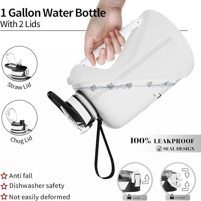TOOFEEL 1 Gallon Water Bottle with Straw & Chug Lid,BPA Free,Leak-Proof, Dishwasher Safe,128 oz Large Water Jug with Strap,Sports & Travel & Gym Water Bottle for Men and Women - White