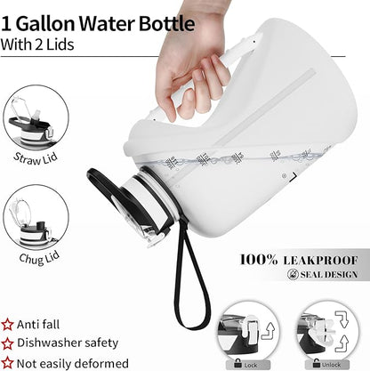 TOOFEEL 1 Gallon Water Bottle with Straw & Chug Lid,BPA Free,Leak-Proof, Dishwasher Safe,128 oz Large Water Jug with Strap,Sports & Travel & Gym Water Bottle for Men and Women - White