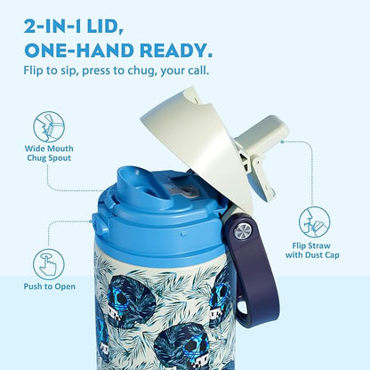 POWCAN 24 oz Insulated Skull Water Bottle: Push-Button Spout & Quick-Flip Straw, Leakproof, Car Cupholder Friendly, Insulated Flask with Straw and Handle for Fitness, Trip, Gift (Frost Revenant)