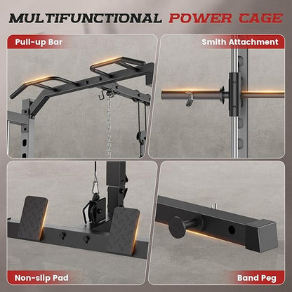 OPPSDECOR Smith Machine Power Rack for Home Gym - All-in-One Power Cage Squat Rack with LAT Pulldown, Cable Machine & Barbell Bar - Multi-Functional Strength Training Equipment