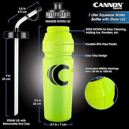 Cannon Sports 1 Liter Sports Water Bottle, BPA-Free, 34 Oz Capacity, Large Mouth, 2 lids (Straw and Squeeze), Great For Helmet Sports Such As Hockey, Lacrosse, Football, Boxing (6 Pack) (Lime Green)