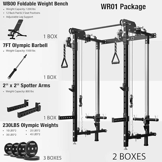 Mikolo Folding Squat Rack, Wall Mounted Power Rack with Cable Crossover Machine & LAT Pull Down, Functional Trainer with 5 Adjustable Function Modes, for Home Gym and Space Saving