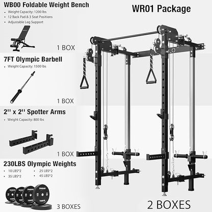 Mikolo Folding Squat Rack, Wall Mounted Power Rack with Cable Crossover Machine & LAT Pull Down, Functional Trainer with 5 Adjustable Function Modes, for Home Gym and Space Saving