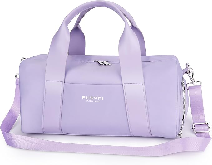 Sports Small Gym Bag for Women Girls Kids Duffle Bag for Fitness Workout, Travel, Dance, Ballet, Swim with Shoes Compartment & Waterproof Pocket, 16" Cute Purple