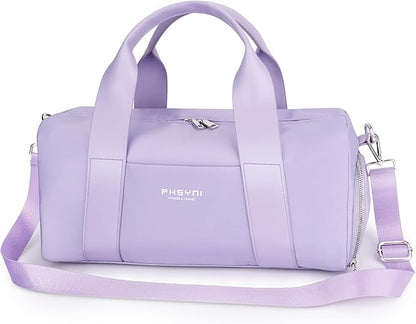 Sports Small Gym Bag for Women Girls Kids Duffle Bag for Fitness Workout, Travel, Dance, Ballet, Swim with Shoes Compartment & Waterproof Pocket, 16" Cute Purple