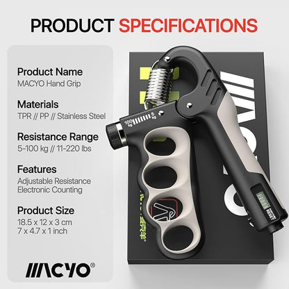 MACYO Grip Strength Trainer with Wider Handles - Adjustable Hand Grip Strengthener 11-220Lbs(5-100KG) for Large Hands, Automatic Counter & Ergonomic Design, Comfortable Forearm Workout for Athletes, Injury Recovery