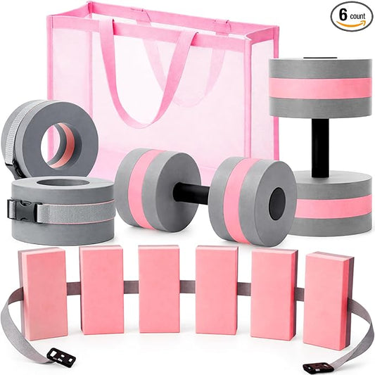 6 Pcs Aquatic Exercise Set Water Aerobics Set Large Mesh Beach Bag Pool Fitness Equipment Foam Water Dumbbell Ankle Swimming Weight Aquatic Swim Belt for Exercise Weight Loss