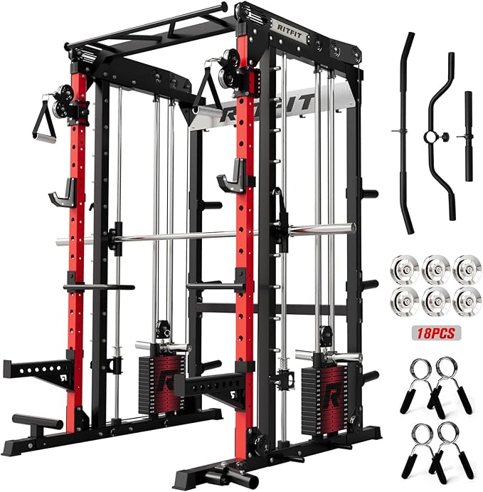 RitFit M2 Smith Machine with with Cable Crossover System, 3D Functional Trainer & Power Cage, 16 Adjustment Holes, 6 Storage Pegs for Full-Body Home Gym