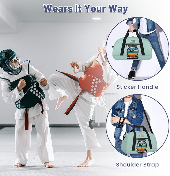 Custom Name Taekwondo Karate Duffle Bag for kids Girls - Personalized Martial Arts Gear Bag, Water-Resistant Sparring Equipment Bag, Taekwondo Cyan