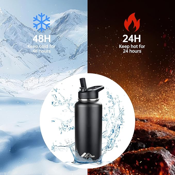 StarSpeed 32oz Insulated Water Bottle with Straws & 2 Lids, Stainless Steel Double Walled Vacuum Water Flask, Wide Mouth Sports Water Bottle for Gym Camping Hiking, Black