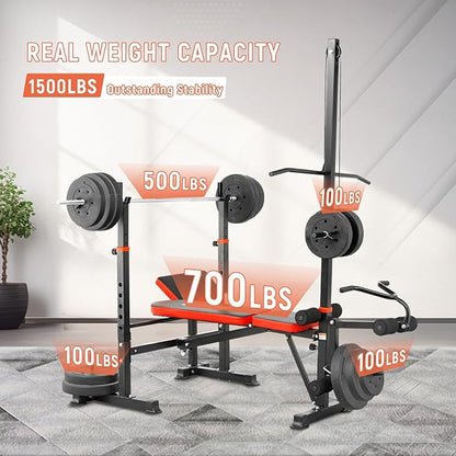 1500LB 8 IN 1 Weight Bench with Lat Pulldown and Leg Extension/Curl, Foldable Bench Press with Preacher Curl & Rack, Workout Benches with Safety Bar Catches for Home Gym(US Stock)