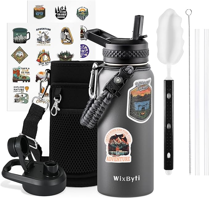 32 oz Insulated Water Bottle with Straw, Stainless Steel Triple Wall Vacuum Sports Water Jug, Leakproof Hydro Cup Flask with Paracord Handle & Straw Spout Lids & DIY Stickers