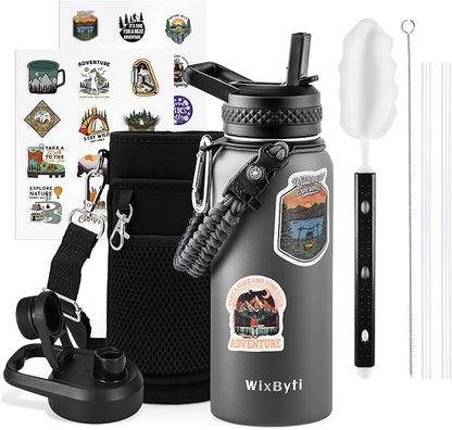 32 oz Insulated Water Bottle with Straw, Stainless Steel Triple Wall Vacuum Sports Water Jug, Leakproof Hydro Cup Flask with Paracord Handle & Straw Spout Lids & DIY Stickers