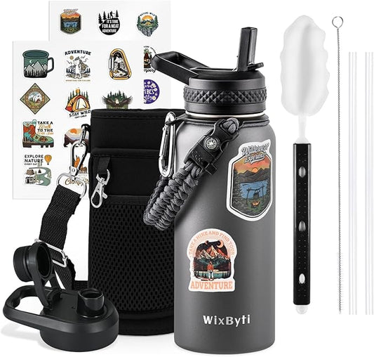 32 oz Insulated Water Bottle with Straw, Stainless Steel Triple Wall Vacuum Sports Water Jug, Leakproof Hydro Cup Flask with Paracord Handle & Straw Spout Lids & DIY Stickers