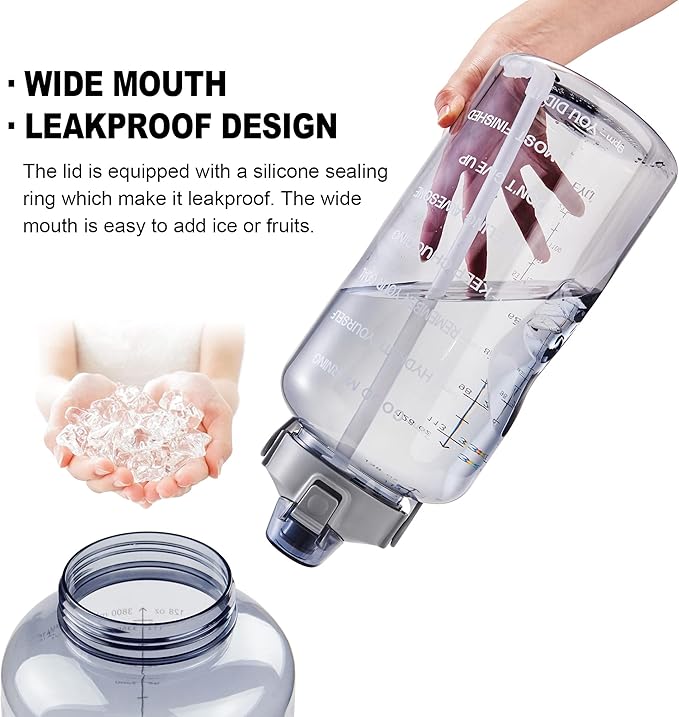 EYQ 64oz/128oz Leakproof Free Drinking Water Bottle with Motivational Time Marker BPA Free for Fitness, Gym and Outdoor Sports