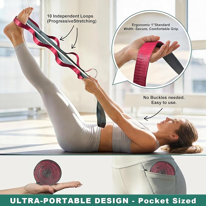 Stretching Strap with 10 Loops – Non-Elastic Yoga Strap for Physical Therapy, Knee Replacement Recovery & Plantar Fasciitis – Leg Stretcher Band for Flexibility & Hamstring Rehab
