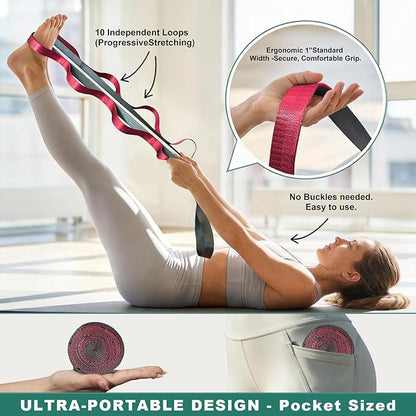 Stretching Strap with 10 Loops – Non-Elastic Yoga Strap for Physical Therapy, Knee Replacement Recovery & Plantar Fasciitis – Leg Stretcher Band for Flexibility & Hamstring Rehab