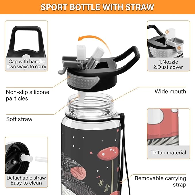 Fustylead Lovely Guinea Pig and Red Amanita Mushrooms Tritan Water Bottle with Straw and Lids, 32 oz Reusable BPA Free Sport Water Bottle for Gym Camping Hiking Travel