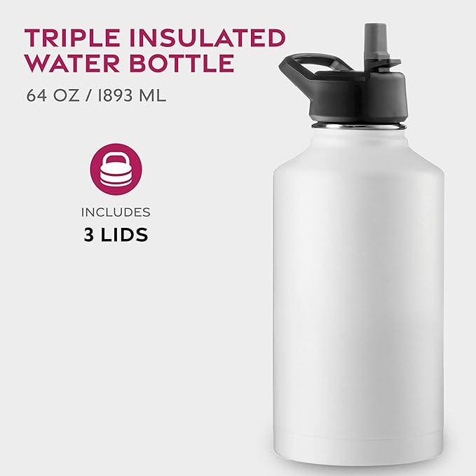 FineDine Triple Walled, Insulated Water Bottles with Straw - 64 Oz Stainless Steel Metal Bottle W/ 3 Leak Proof Lids - For Travel, School, Sports, Gym/Men, Women & Kids - Pure Pearly White