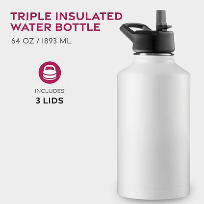 FineDine Triple Walled, Insulated Water Bottles with Straw - 64 Oz Stainless Steel Metal Bottle W/ 3 Leak Proof Lids - For Travel, School, Sports, Gym/Men, Women & Kids - Pure Pearly White