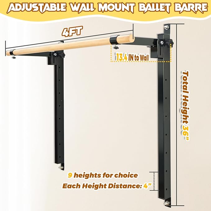 Height Adjustable Ballet Barre Foldable Ballet Bar Dance Training Barre,Wall Mount With Solid Beech Wood Bar,Home Fitness Equipment for Pull Up Stretching Never move or Shake