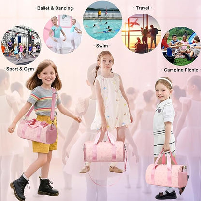 Dance Ballet Bag for Girls Small Duffle Ballerina Bags with Waterproof Dry Wet Separated Compartment Corduroy Bow Dance Bag for Girls 4-6 Pink