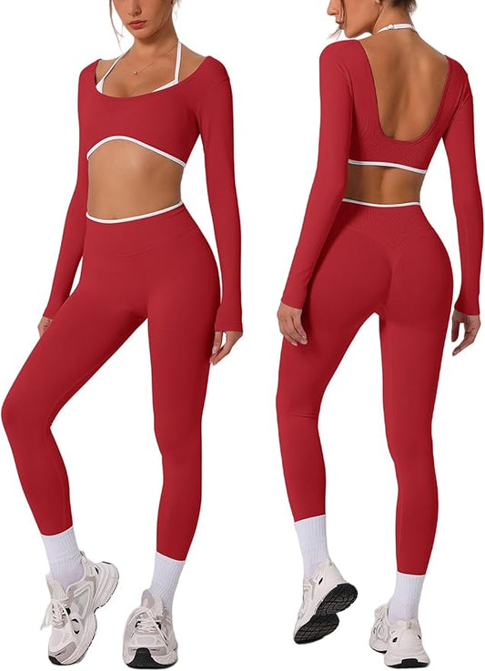ABOCIW Workout Sets for Women Long Sleeve Crop Top Scrunch Butt Lifting High Waist Leggings 2 Piece Gym Yoga Outfits