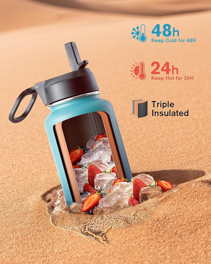 Coolflask Water Bottle 40 oz Insulated with Straw, Stainless Steel Metal 3 Lids Water Flask for Sports or Office, Keep Cold 48H Hot 24H, Indigo Blue