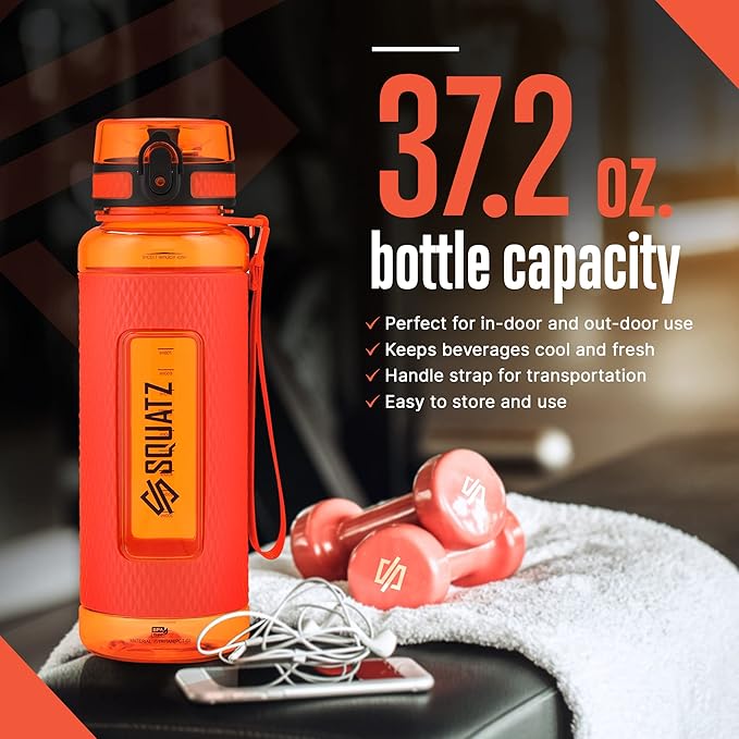 SQUATZ 40 Oz Poseidon Series Water Bottle for Protein and Fruit Shakes - Premium Quality Wide Mouth Gym Flask Fruit Infuser Strainer, Carrying Strap, Leak Resistance, No Condensation Sleeve, Orange