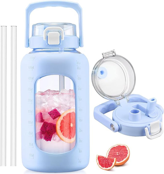 BLUEGO 84oz Glass Water Bottle with Straw and Handle, Large Water Bottle with Sip & Chug Lid, 2.5L Water Jug Silicone Sleeve with Time, Full Day Drinking Bottle for Sports BPA Free, Blue