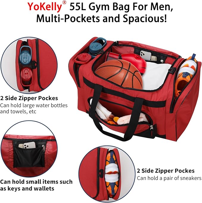 Gym Bag 22 inch Sport Duffle Bag for Men - 55L Weekender Duffel Bag for Travel - Red