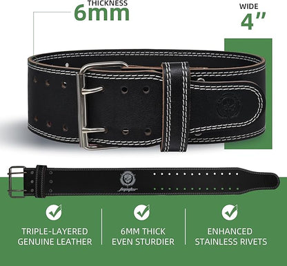 Weight lifting Belt (6mm Thick) - Genuine leather, offering back support. Double-pronged buckle, ideal for weightlifting, powerlifting, squats and deadlifts