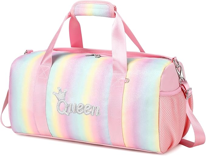 Dance Duffle Bag for Girls Shiny Rainbow Glitter Sports Gym Bag for Girls Weekender Overnight Sleepover Travel Duffel with Shoes Compartment