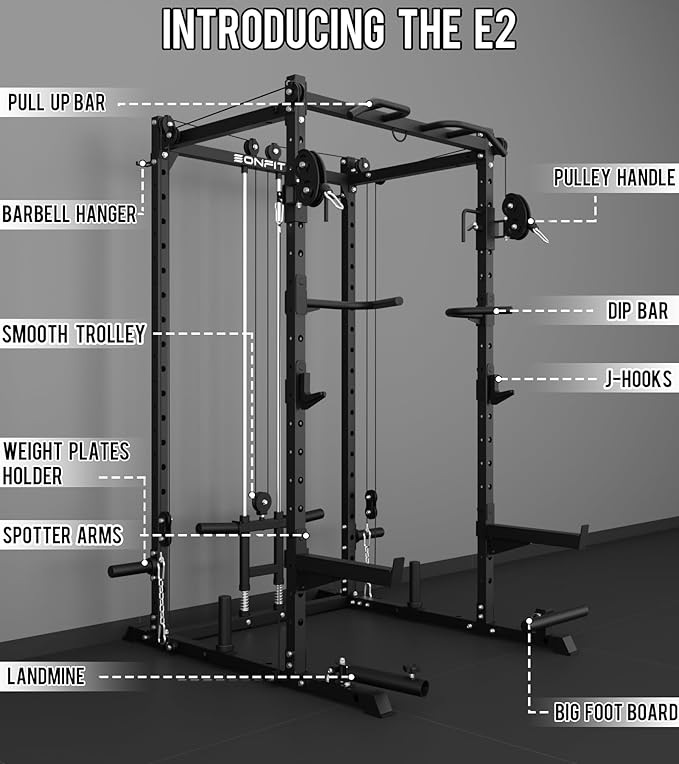 Eonfit E2 Power Cage，1500LB Squat Rack with Cable Crossover System.Multi-Function Power Rack for Home Gum.All-in-One Squat Rack with More Training Attachments