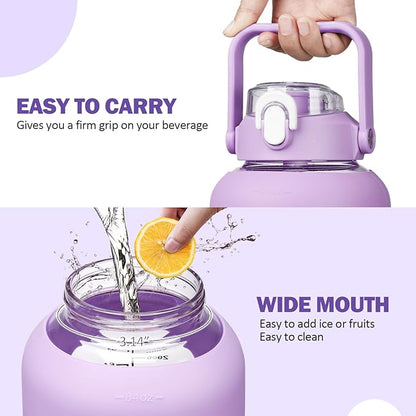 kytffu 84oz Glass Water Bottle with Straw, 2.5 Liter Large Water Bottle with Silicone Sleeve and OZ Marker, Wide Mouth Gallon Glass Bottle with 2-in-1 Lid, Leakproof Water Jug for Gym Home, Purple