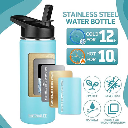 Insulated Water Bottle 18oz Stainless Steel Water Bottles with Straw&2 Lids, Kids Metal Water Bottle Cup for School, Vacuum Insulated Bottles Leak-Proof Travel Cup, Blue
