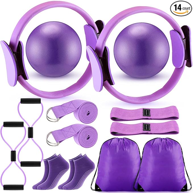 Poen Pilates Equipment Kit for Home Workout Pilates Ring and Ball Set for Women 12'' Circle Yoga Fitness Essentials Kit with Resistance Bands, Yoga Strap, Socks,Bag